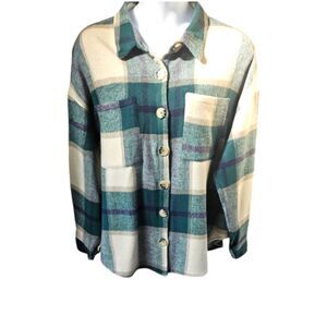 Women's Plus Size Mist Green Plaid  Flannel Shacket Jacket 3X